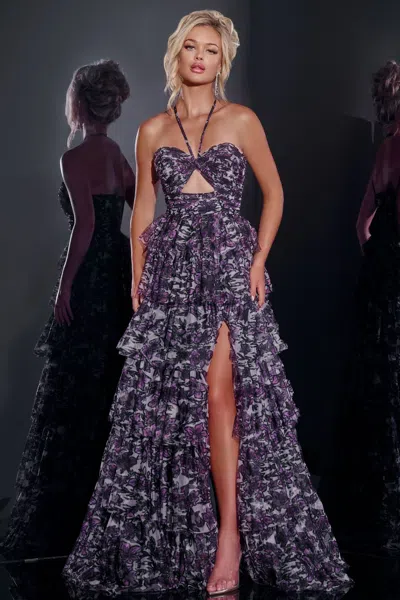 Jovani 40423 Long A Line Floral Tiered Formal Prom Dress In Purple