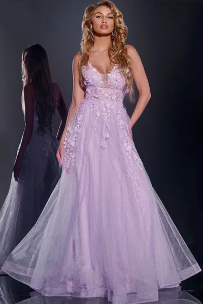 Jovani 40472 A Line Formal Long Floral Applique Prom Dress In Pink