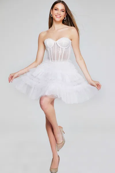 Jovani 40580 Beaded Short Ruffle Lace Cocktail Dress In White