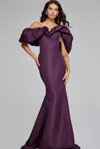 Jovani Off-shoulder Gown With Dramatic Ruffled Sleeves In Wine In Purple