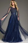Jovani 40629 Long A Line Beaded Formal Cape Sleeve Dress In Blue