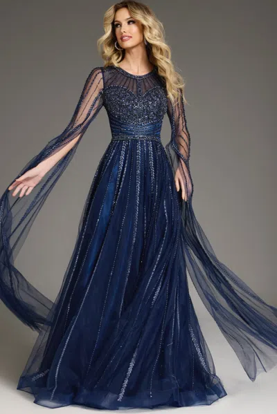 Jovani 40629 Long A Line Beaded Formal Cape Sleeve Dress In Blue