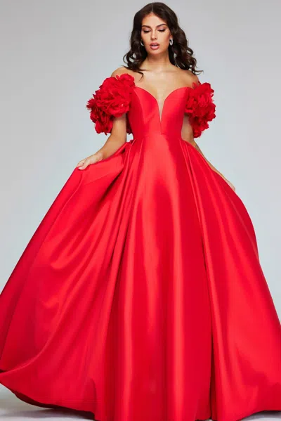 Jovani 40794 Long Ball Gown Floral Puff Sleeves Prom Dress In Red