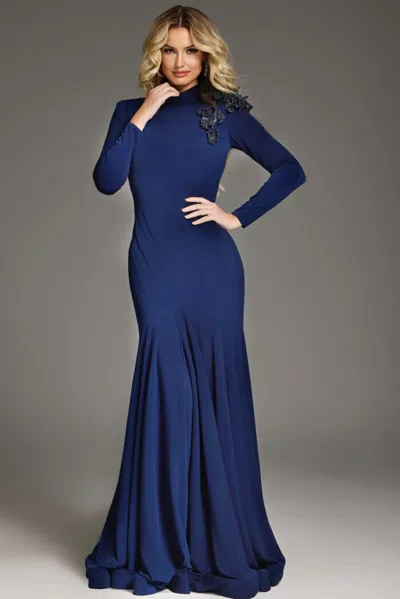 Jovani 40926 Long Sleeve Fitted Floral Applique Formal Evening Dress In Blue