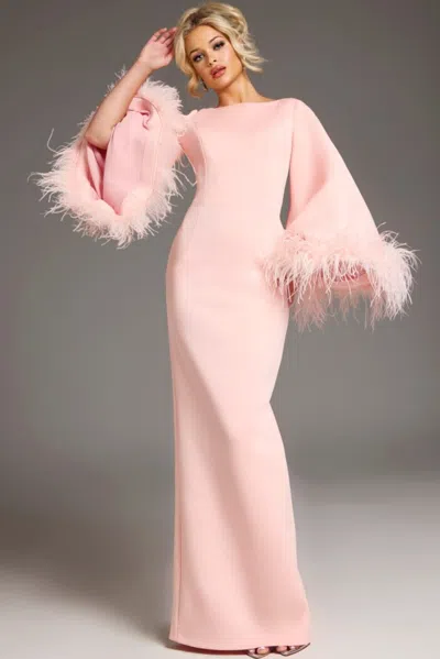 Jovani 41077 Long Sleeve Mother Of The Bride Formal Feather Dress In Pink