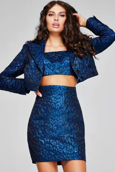 Jovani 42134 Short Printed Metallic Two Piece Mini Cocktail Dress In Blue