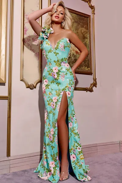 Jovani 42145 Long Fitted Floral Sequin Formal Prom Dress In Green
