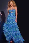 Jovani 42182 Formal Long Ruffled Ball Gown Glitter Prom Dress In Blue