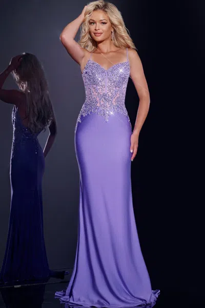 Jovani 42221 Long Fitted Formal Beaded Applique Corset Prom Dress In Purple