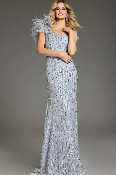 Jovani 42426 Long Sequined Formal Fitted Feather Prom Dress In Gray