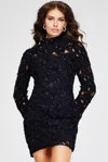 Jovani 42576 Beaded Long Sleeve Fitted Floral Lace Mini Dress In Black
