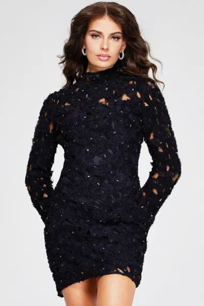 Jovani 42576 Beaded Long Sleeve Fitted Floral Lace Mini Dress In Black