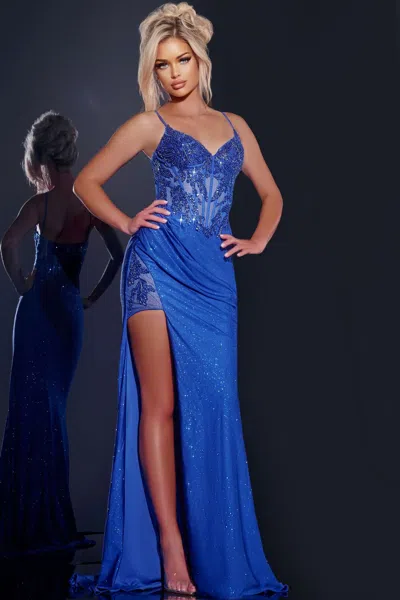 Jovani 43283 Long Glitter Formal Sheath Gown Prom Dress In Blue