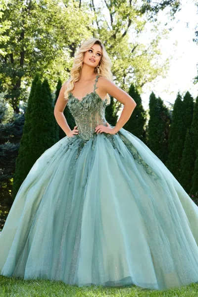 Jovani 43437 Long Ball Gown Floral Appliques Quinceanera Dress In Green