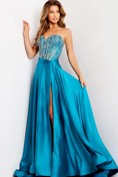 Jovani 43729 A Line Long Formal Corset Beaded Prom Dress In Blue