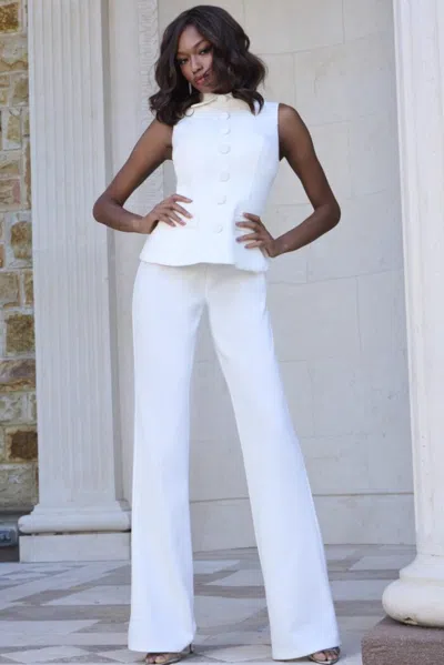 Jovani 43778 Long Chic High Neck Formal Pant Suit In White