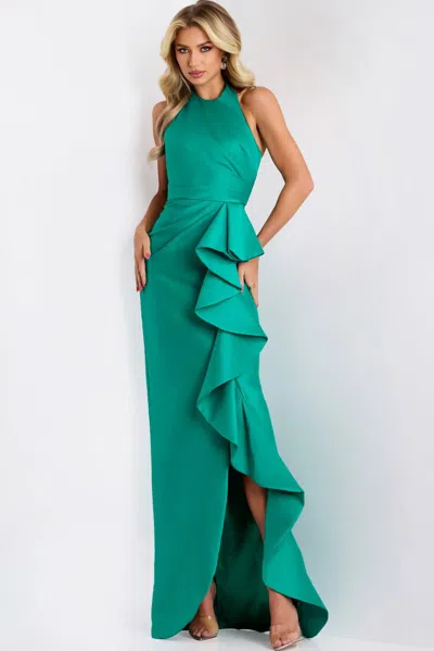 Jovani Halter Neck Gown With Cascading Ruffle Detail In Emerald Green