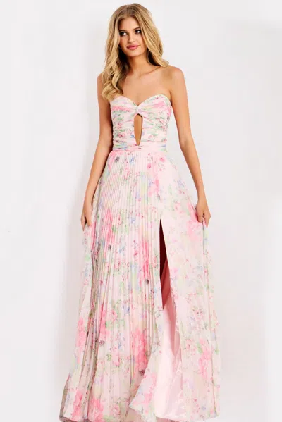 Jovani 44518 A Line Ruffle Long Formal Print Prom Dress In Pink