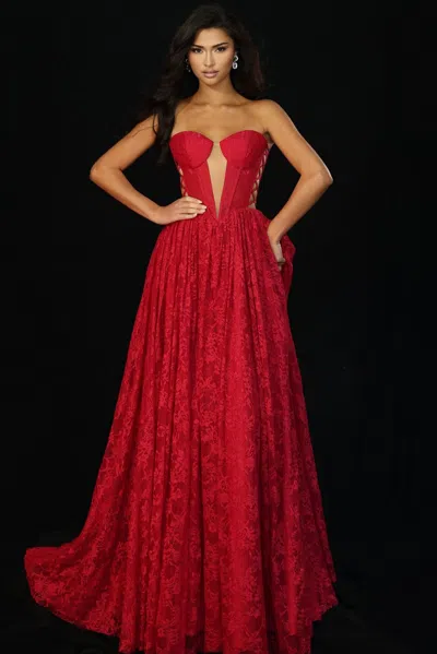 Jovani 45372 Long Formal Lace Corset Prom Dress In Red