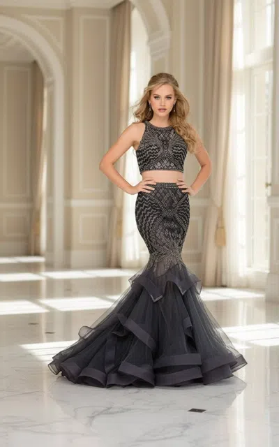 Jovani 46881 Two-piece Sleeveless Long Formal Gown In Gray