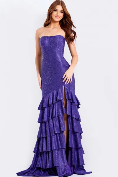 Jovani 46909 Beaded Fitted Ruffle Long Formal Prom Dress In Purple