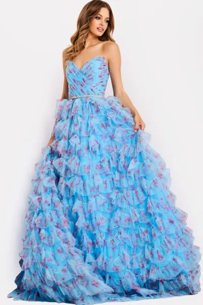 Jovani 47267 Long Formal Ruffle Ball Gown Print Prom Dress In Blue