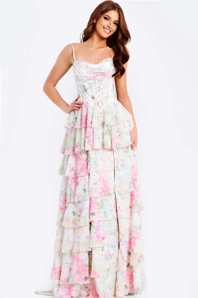 Jovani 47282 Ruffle Long Formal Floral Print Prom Dress In White