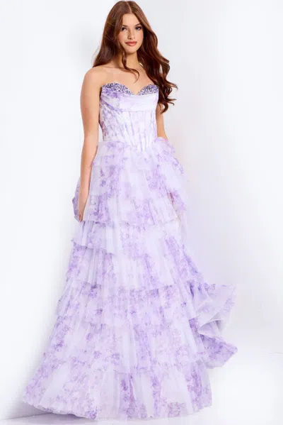 Jovani 47440 Beaded Long Formal Ruffle Print Prom Dress In Purple