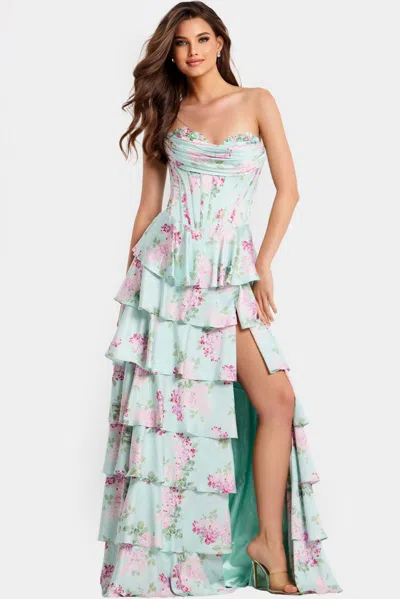 Jovani 47579 Long Formal Ruffle Floral Print Prom Dress In Animal Print