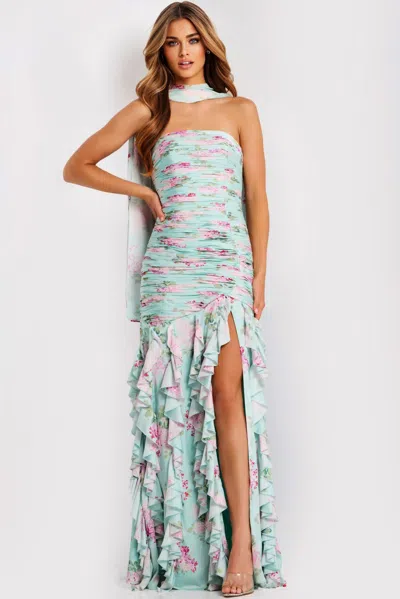 Jovani 47580 Ruffle Long Formal Print Floral Prom Dress In Animal Print