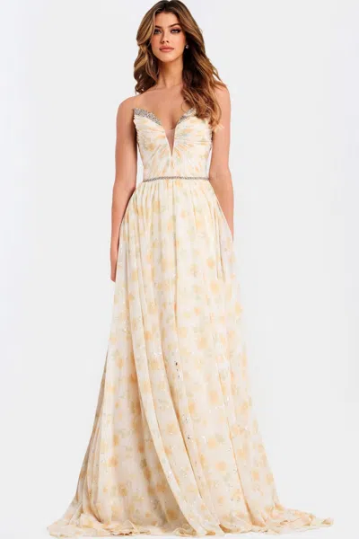 Jovani 48139 Long Formal Floral A Line Print Prom Dress In Neutral