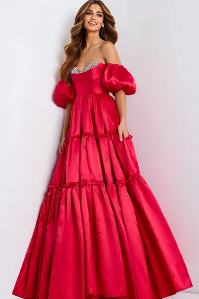 Jovani 49055 Long Formal Floral Ball Gown Prom Dress In Red
