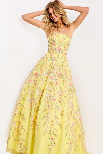 Jovani 49070 Ball Gown Long Formal Floral Prom Dress In Yellow