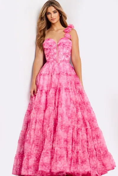 Jovani 49074 A Line Long Formal 3d Floral Prom Dress In Pink