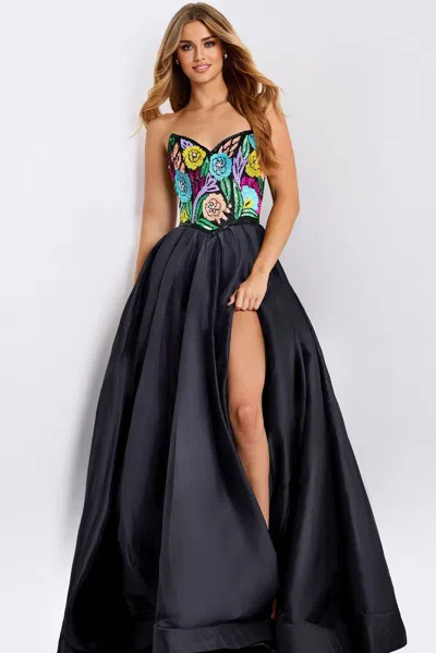 Jovani 49233 Ball Gown Long Formal Floral Beaded Prom Dress In Black