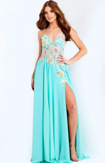 Jovani 49633 Long Formal Floral Applique A Line Prom Dress In Blue