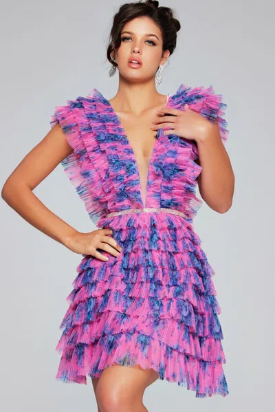 Jovani 50069 Short Homecoming Floral Print Pleated Cocktail Dress In Purple