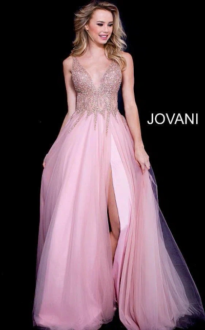 Jovani 54873 Long Prom High Slit Sleeveless Dress In Pink
