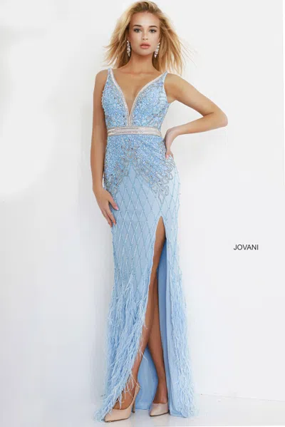 Jovani 55796 Slit Long Formal Prom Feather Dress In Blue