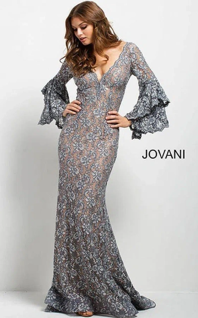 Jovani 57048 Prom Long Sleeve Mermaid Lace Dress In Gray