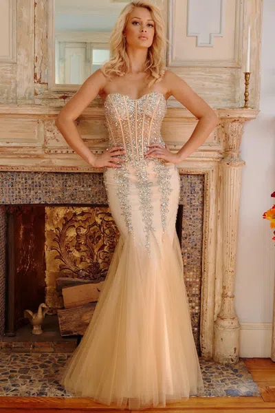 Jovani 5908 Long Strapless Mermaid Prom Dress In Neutral
