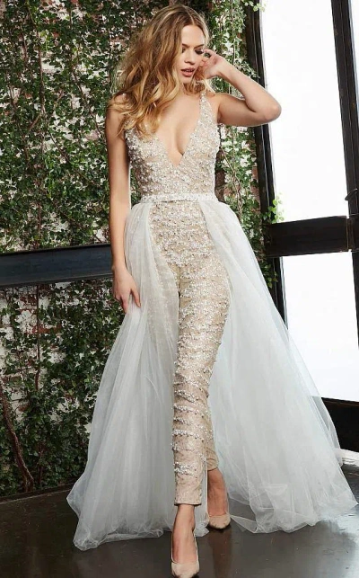 Jovani 60010 Prom Sleeveless Beaded Jumpsuit In Neutral