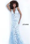 Jovani 60283 Long Formal Floral Applique Prom Sequin Dress In Blue
