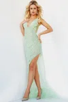 Jovani 63405 Long Prom High Slit Formal Dress In Green