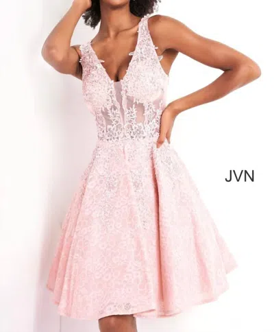 Jovani A Line Short Beaded Lace Cocktail Dress In Pink In Multi