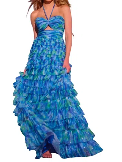 Jovani 42182 Formal Long Ruffled Ball Gown Glitter Prom Dress In Blue