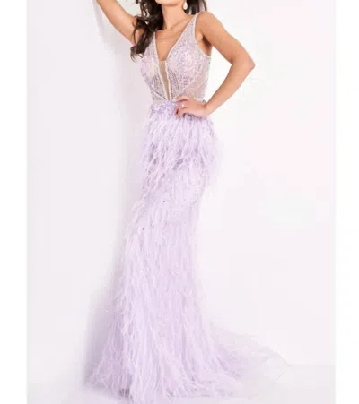 Jovani Beaded And Feather Gown In Lilac In Blue