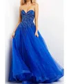 Jovani Beaded Bodice Strapless Gown In Blue