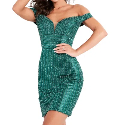 Jovani Beaded Cocktail Dress In Emerald In Gold