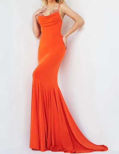 Jovani Beaded Cowl Neck Prom Dress In Orange